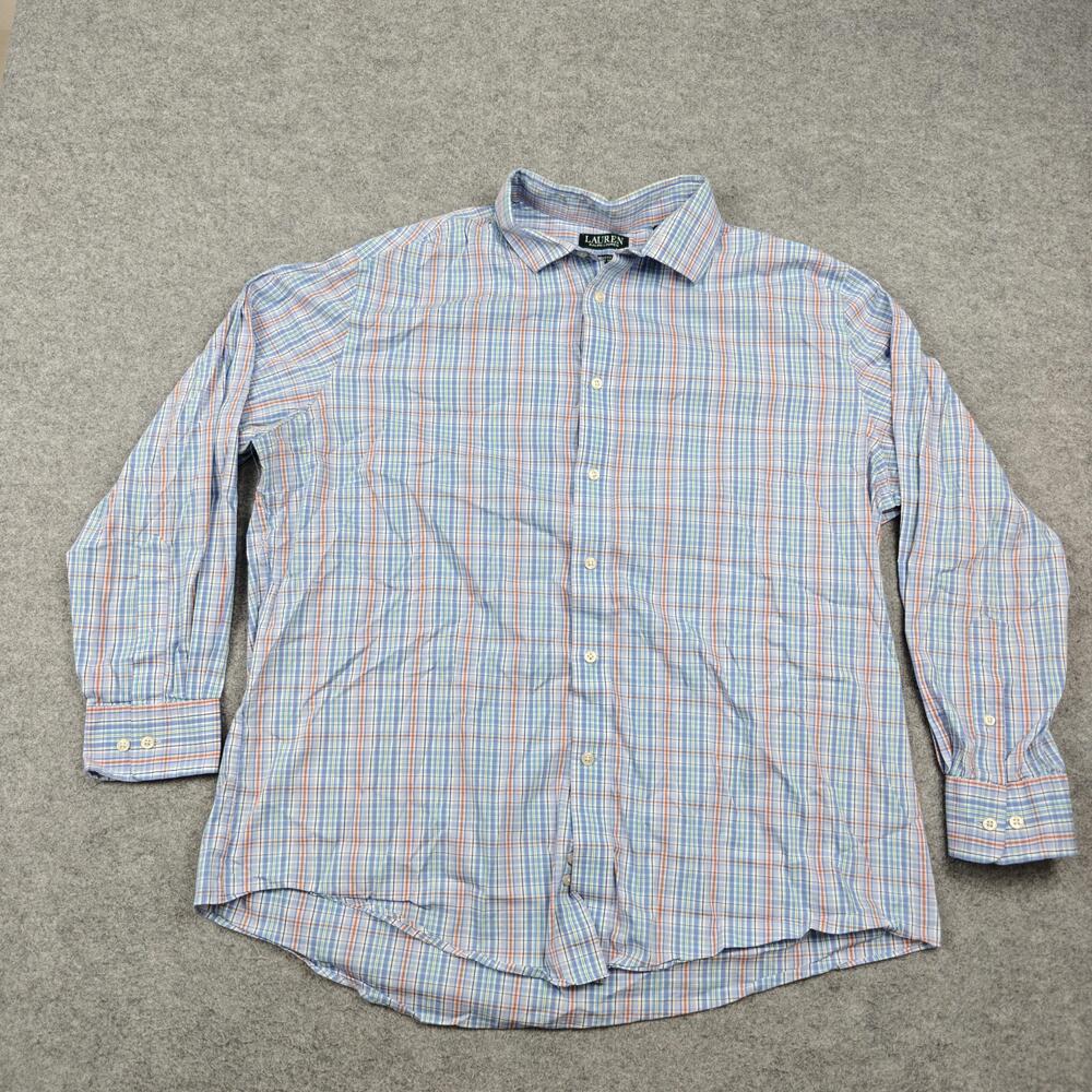 Lauren Ralph Lauren Dress Shirt Mens 17.5 32/33 XL Blue Plaid Regular Fit